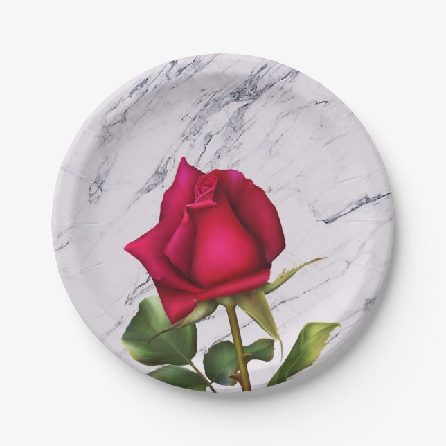 Red Rose Marble Modern Glam Bridal Shower Party Paper Plate (Front)
