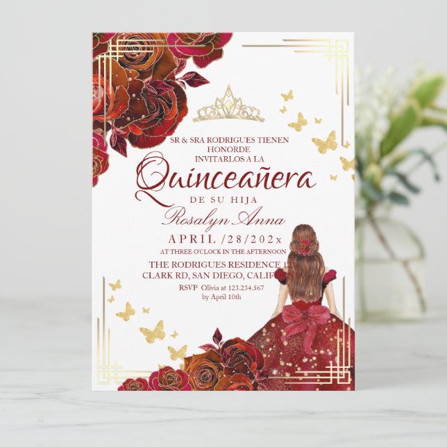 Red Rose Maroon Gold Butterfly Quinceañera Invitation (Standing Front)