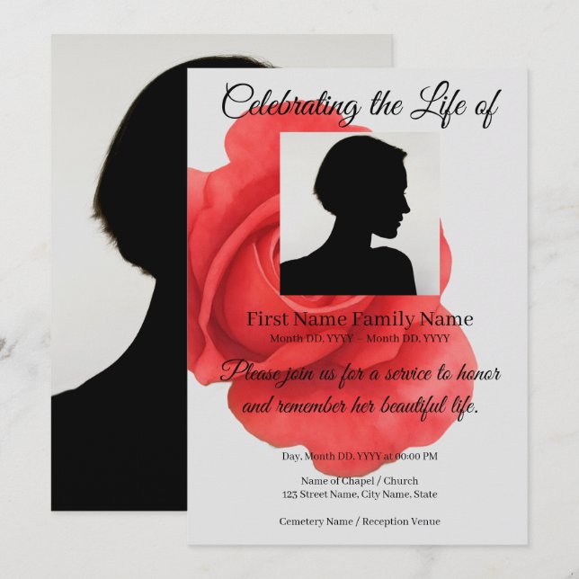 Red rose memorial invitation (Front/Back)