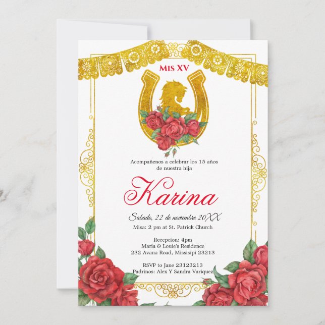 Red Rose Mexican Charra 15 Quinceanera Invitation (Front)