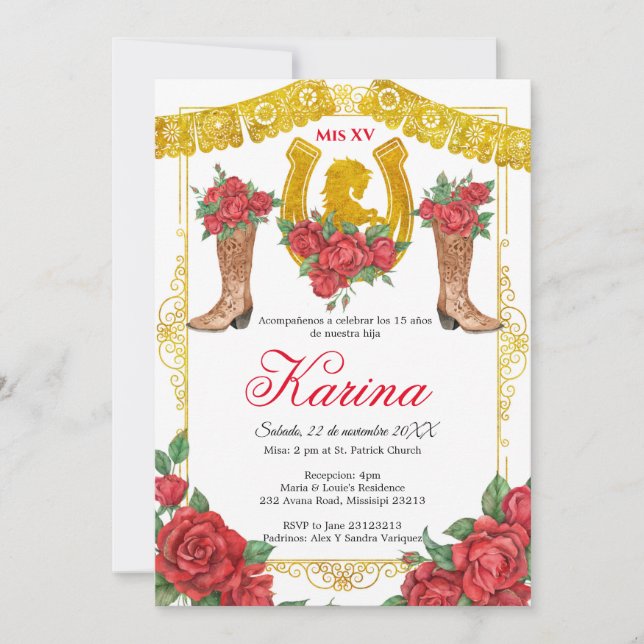 Red Rose Mexican Charra 15 Quinceanera Invitation (Front)