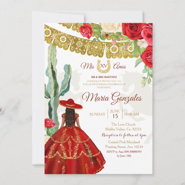 Red Rose Mexican Princess Quinceañera Invitation (Front)