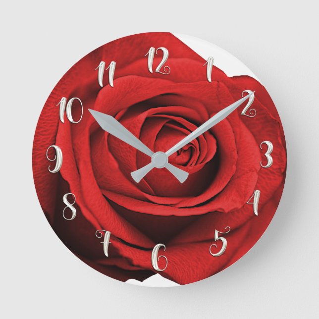 Red Rose Modern Rustic White Glam Elegant Wedding Round Clock (Front)