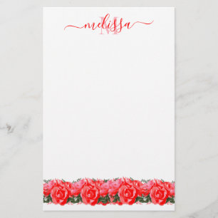 Red Rose Monogram Elegant Stationery Paper