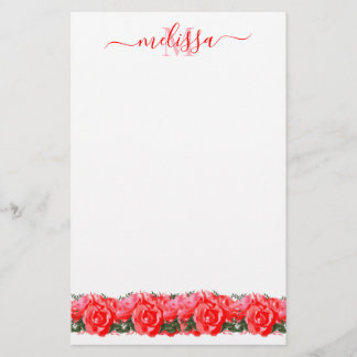 Red Rose Monogram Elegant Stationery Paper