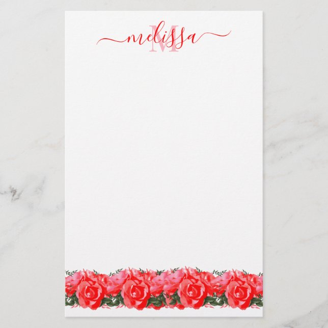 Red Rose Monogram Elegant Stationery Paper (Front)