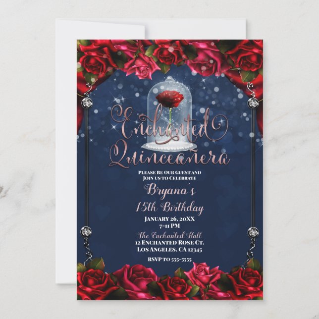 Red Rose Navy Blue Gold Quinceañera 15 15th Party  Invitation (Front)