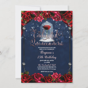 Red Rose Navy Blue Gold Quinceañera 15 15th Party  Invitation