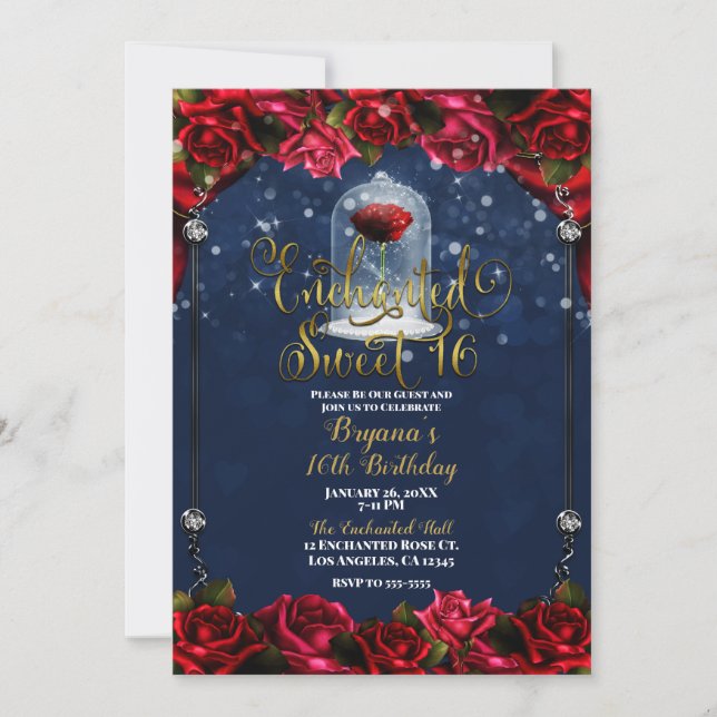 Red Rose Navy Blue Gold Sweet 16 16th Party   Invitation (Front)
