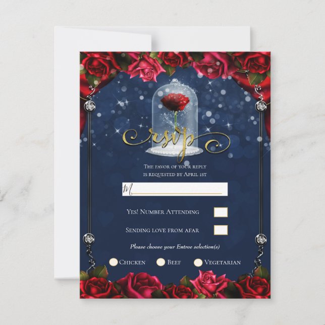 Red Rose Navy Blue Princess Sparkle Party RSVP  Invitation (Front)