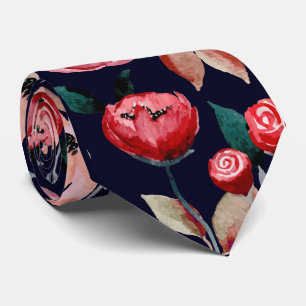 Red Rose Navy Blue Watercolor Floral Pattern Tie