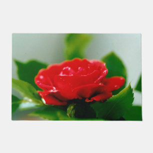 Red Rose of passion covered with dew drops   Doormat