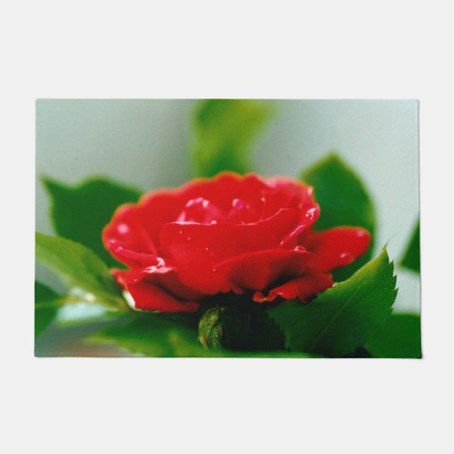 Red Rose of passion covered with dew drops   Doormat (Front)