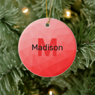 Red rose ombre geometric mesh pattern Monogram Ceramic Tree Decoration