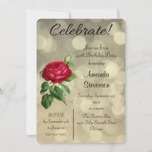Red Rose on a Golden Bokeh Lights Birthday Invitation