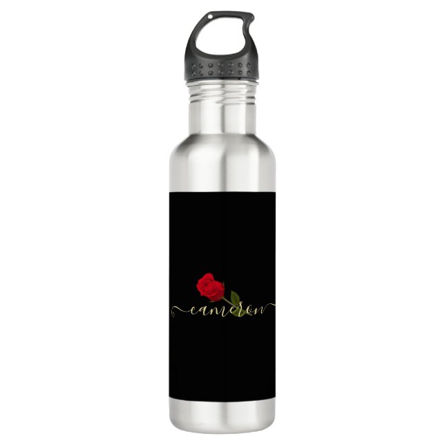 Red Rose On Black And Gold Monogramed 710 Ml Water Bottle (Front)