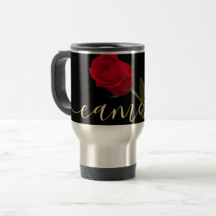 Red Rose On Black And Gold Monogramed Travel Mug