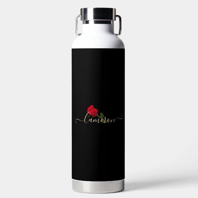 Red Rose On Black And Gold Monogramed Water Bottle (Front)