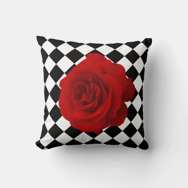 Red Rose on Black and White Diamond Pattern Cushion (Front)