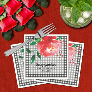 Red Rose on Black and White Gingham Bridal Shower Napkin