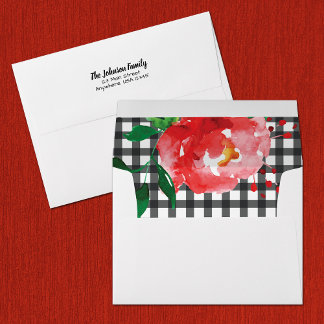 Red Rose on Black and White Gingham Envelope