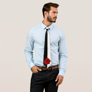 Red Rose on Black And White Half and Half Tie