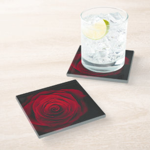 Red rose on black background vintage effect glass coaster