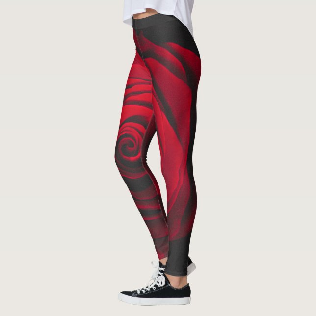 Red rose on black background vintage effect leggings (Left)