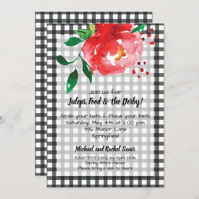 Red Rose on Black Check KY Derby Party Invitations (Front/Back)