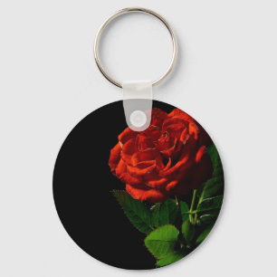 Red Rose on Black Floral Key Ring