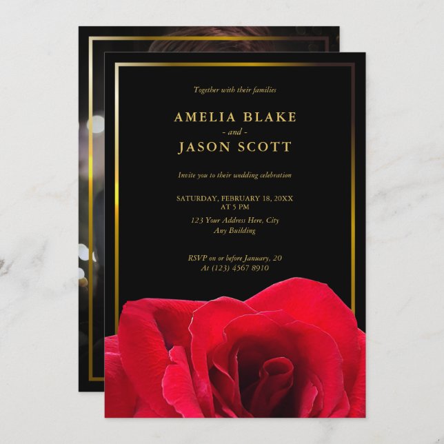 Red Rose on Black | Gold Frame with Photo Wedding Invitation (Front/Back)