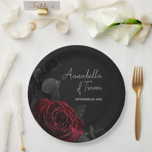 Red Rose on Black Moody Floral Custom Name Paper Plate
