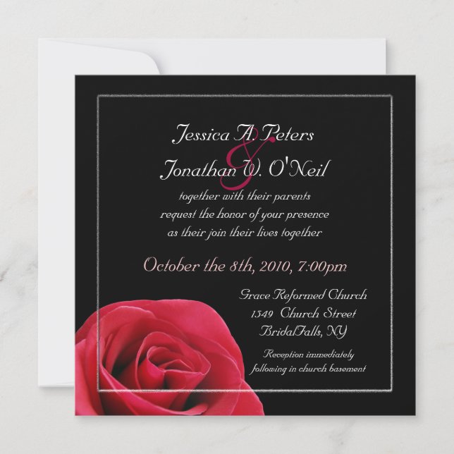 Red Rose on black wedding invitation (Front)