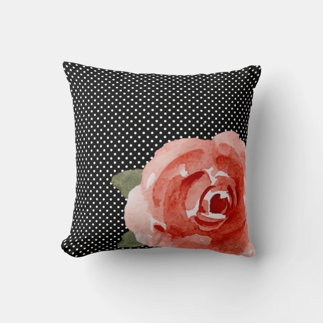 Red Rose on Black White Polka Dots Cushion (Front)
