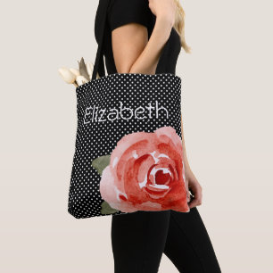 Red Rose on Black White Polka Dots Tote Bag