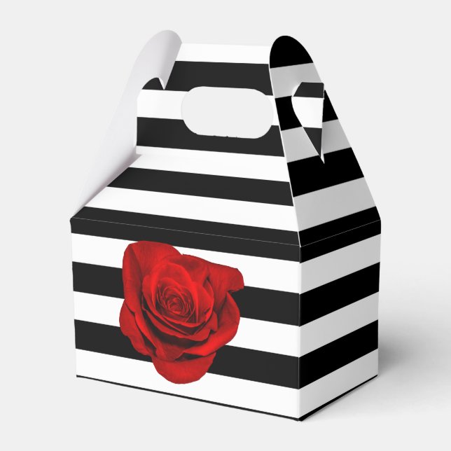 Red Rose on Black White Stripe Wedding Party Favou Favour Box (Front Side)