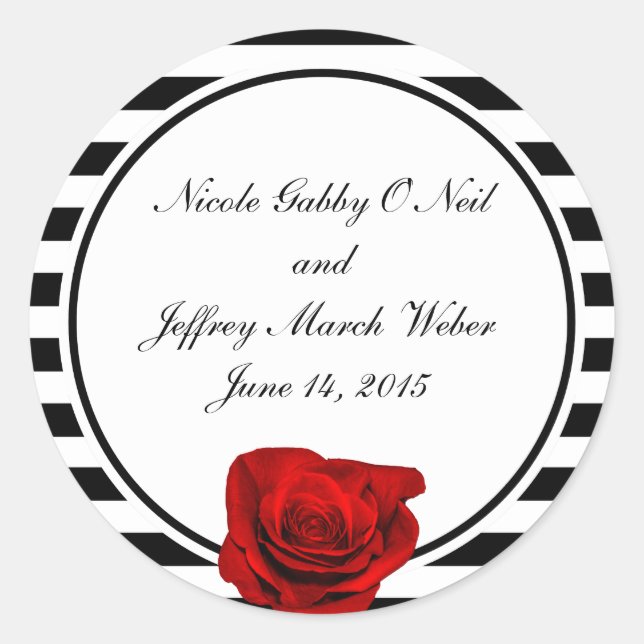 Red Rose on Black & White Stripes Wedding Classic Round Sticker (Front)