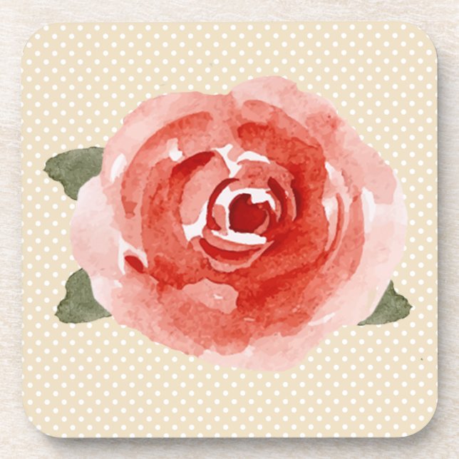 Red Rose on Cream and White Polka Dot Coaster (Front)