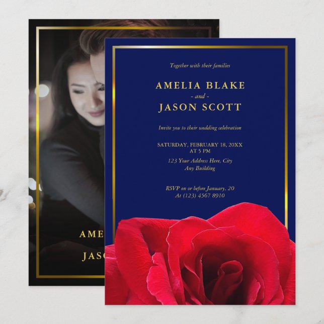Red Rose on Deep Blue | Gold Frame Photo Wedding Invitation (Front/Back)