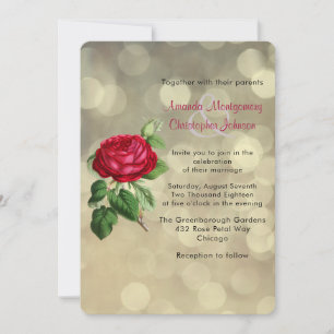 Red Rose on Golden Bokeh Lights Wedding Invite