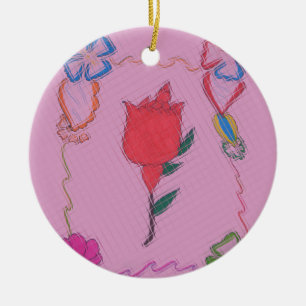 Red Rose on Pink: Floral Border Art Print/Graphic Ceramic Tree Decoration