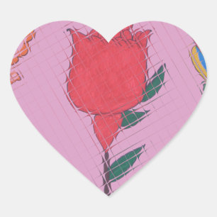Red Rose on Pink: Floral Border Art Print/Graphic Heart Sticker