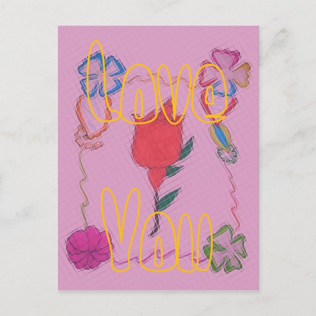 Red Rose on Pink: Floral Border Art Print/Graphic Postcard (Front)