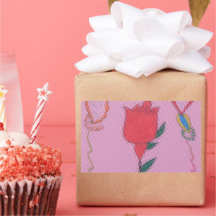 Red Rose on Pink: Floral Border Art Print/Graphic Rectangular Sticker