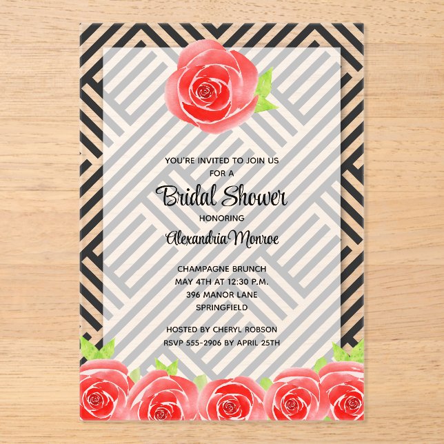 Red Rose on Stripes Bridal Shower Acrylic Invitations (Front)