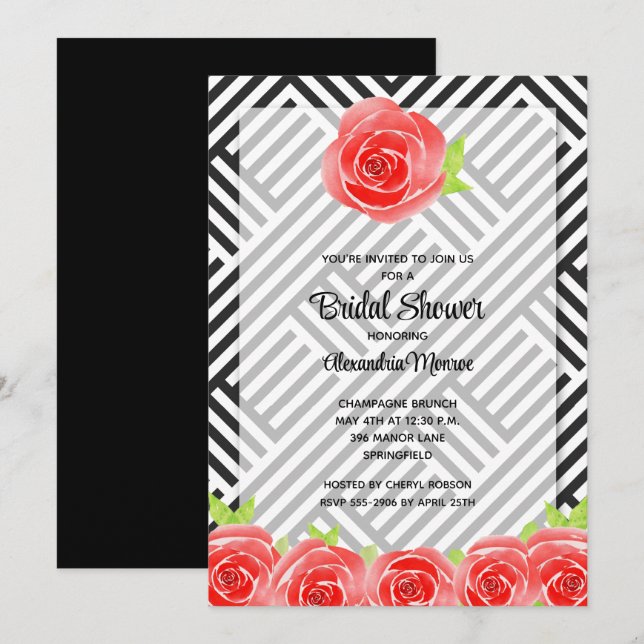 Red Rose on Stripes Bridal Shower Invitation (Front/Back)