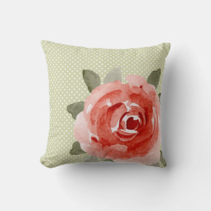 Red Rose on White and Lime Dots Cushion