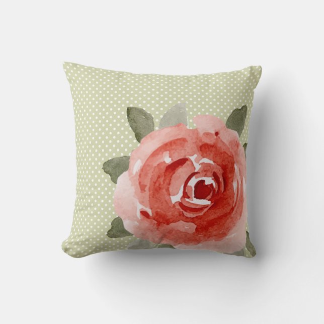 Red Rose on White and Lime Dots Cushion (Front)