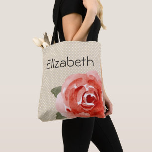 Red Rose on White & Ivory Polka Dots Tote Bag
