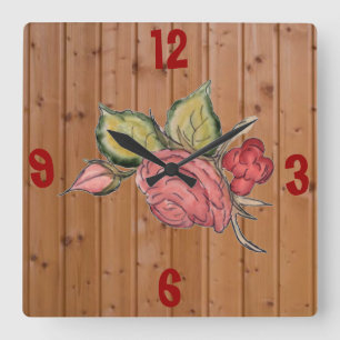 Red Rose On Wooden Background Square Wall Clock